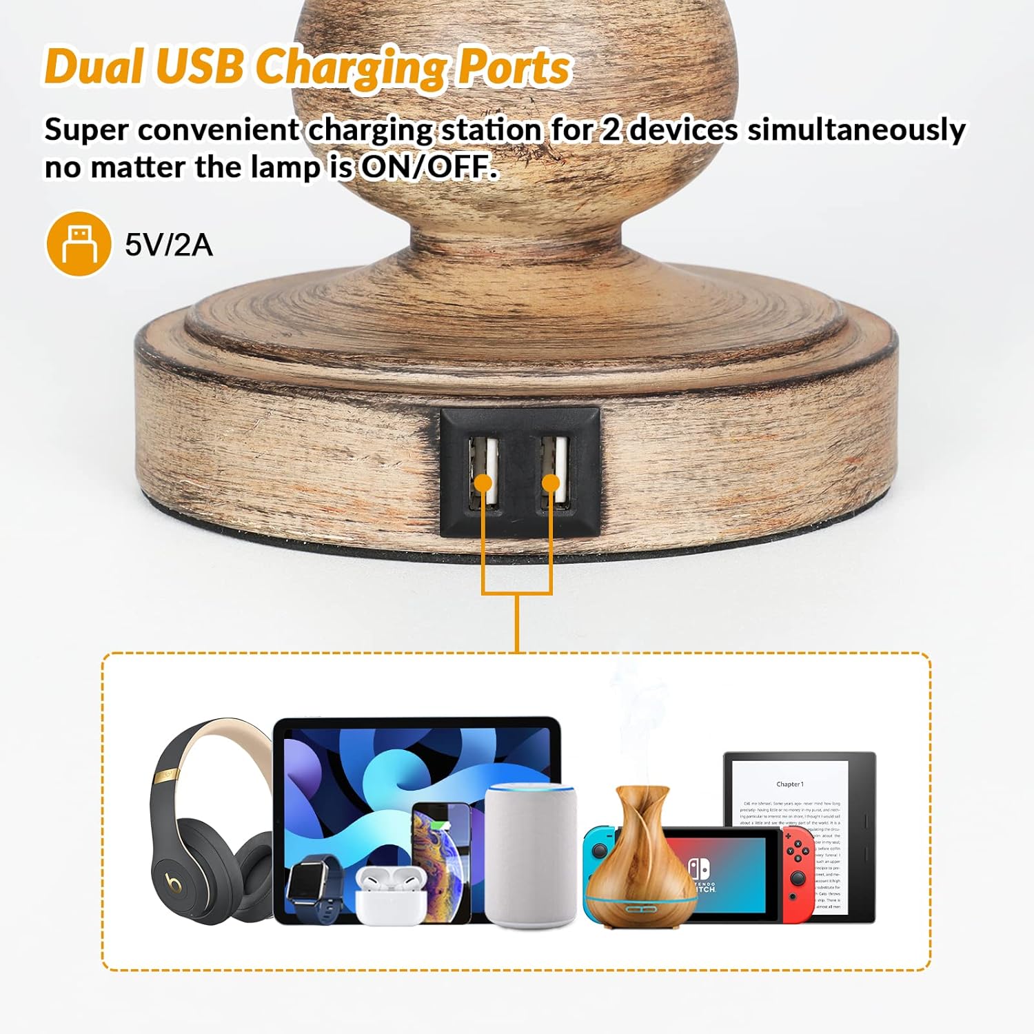 Set of 2 Touch Control Table Lamps with USB Ports, Dimmable, Cream Shades C7072