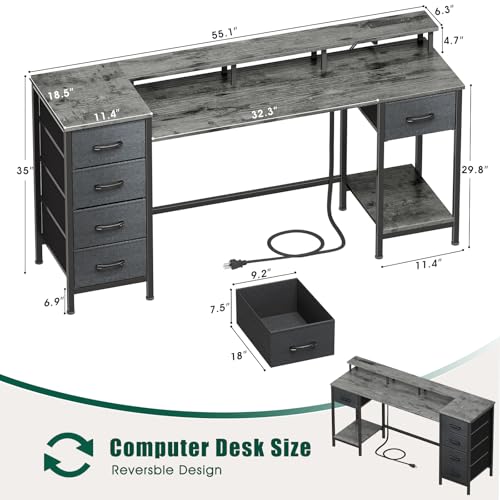 47 Inch Computer Gaming Desk with Power Outlets LED Lights and Storage Drawers I77165