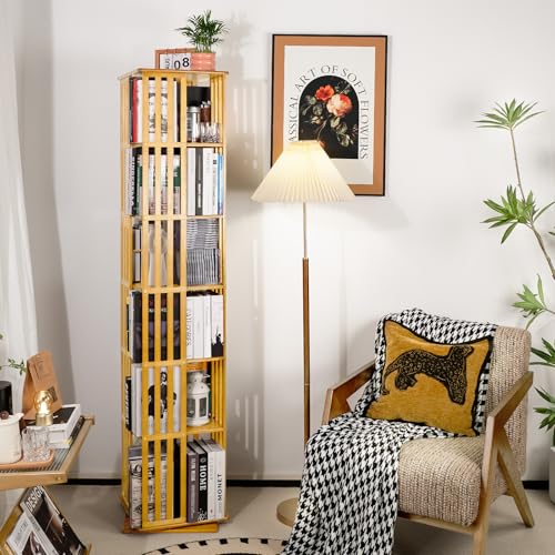 Rotating Bookshelf Tower, 360 Spinning Bamboo Bookcase, 6 Tier Floor Standing Storage Rack U3081