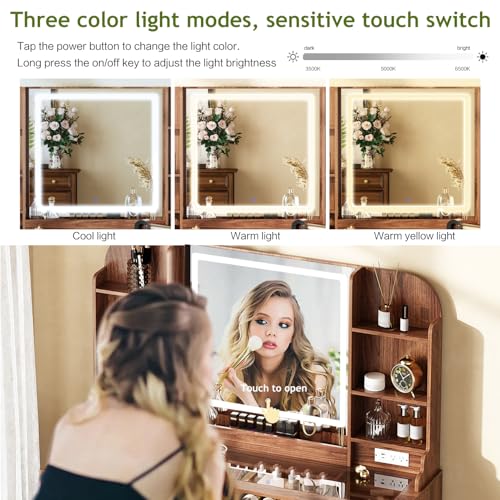 Makeup Vanity Desk with Mirror and Lights, Glass Top, 9 Drawers M5813
