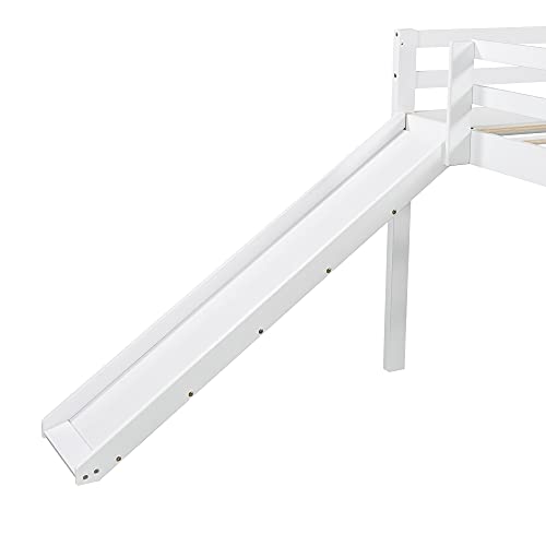 Wood House Loft Bed Frame with Slide and Storage Shelves Z806