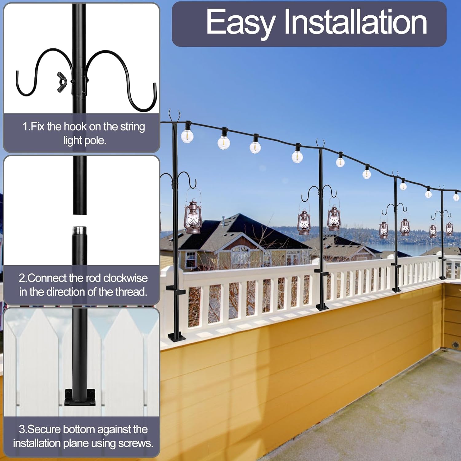 String Light Poles 2 Pack, Adjustable 2.4FT/3.6FT for Outdoor Hanging G359