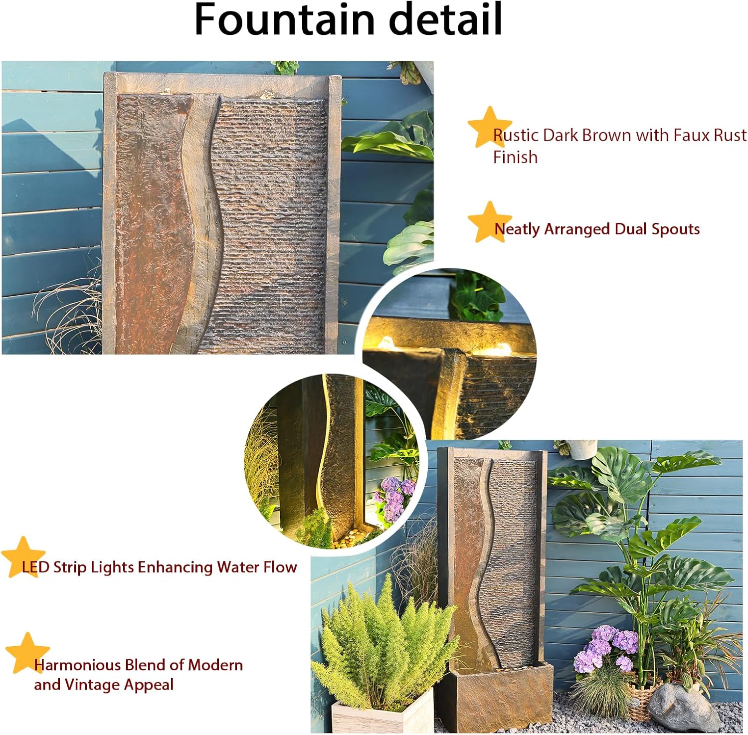 Modern Outdoor Water Fountain with LED Lights for Patio and Yard S29311