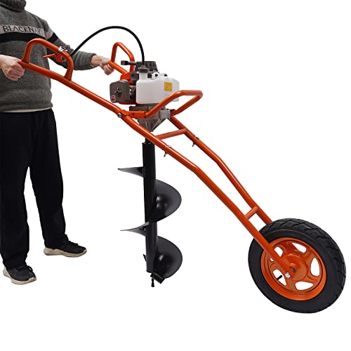63CC Post Hole Digger 3HP Gas Powered Earth Auger Borer Ground Drill Gasoline Earth Auger Wheelbarrow with 11" Bit for Fence Ground Drill Garden Tree Planting (Red)