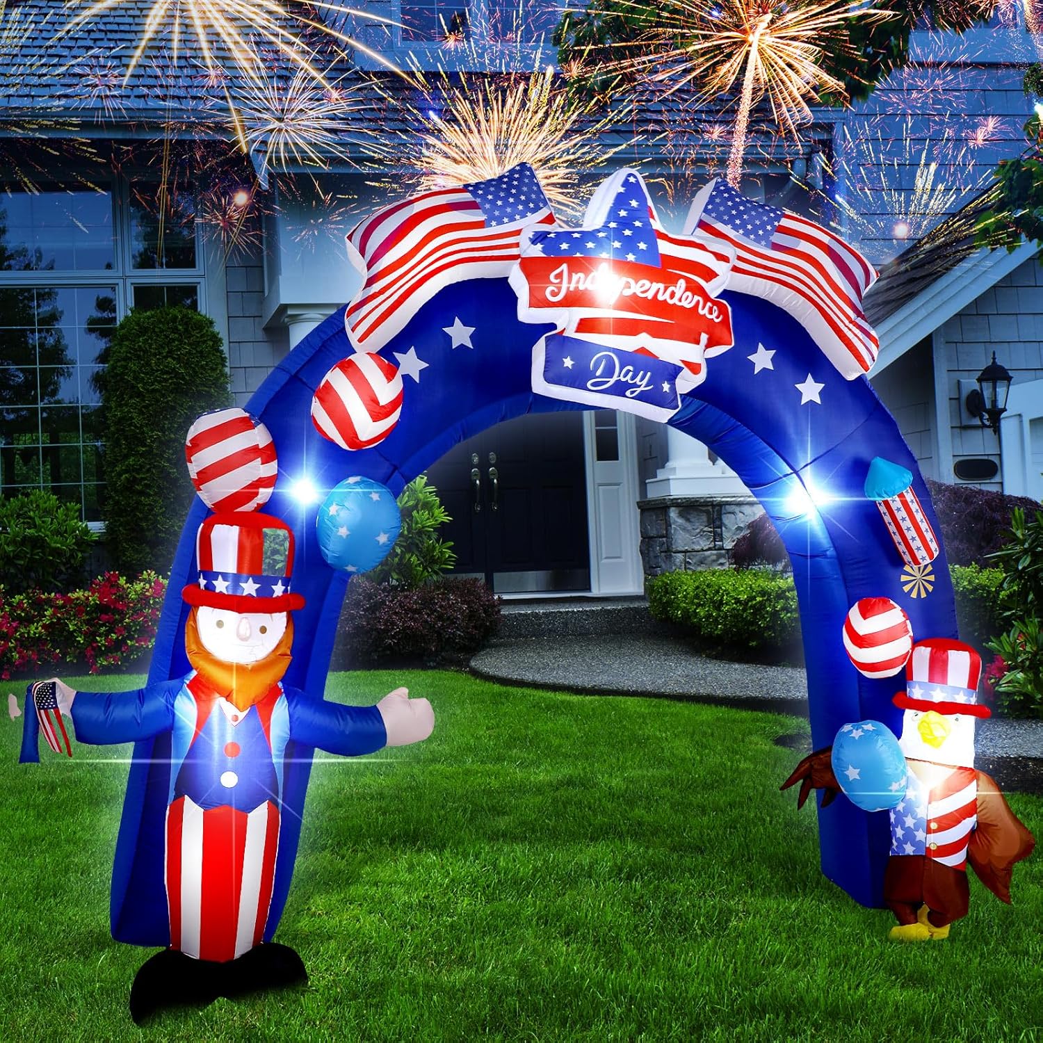 8Ft 4th of July Inflatable Arch Independence Day Inflatable Outdoor Decorations Inflatable Uncle Star American Flag Archway Patriotic Blow up Decoration for Party Yard Lawn Garden Decor