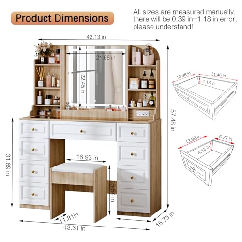 Makeup Vanity Desk with Mirror and Lights, Glass Top, 9 Drawers M5813