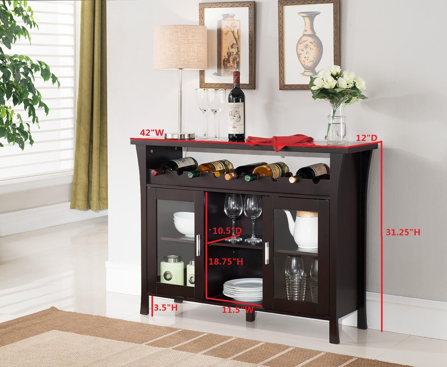 Wine Rack Buffet Server Console Table with Glass Doors A314