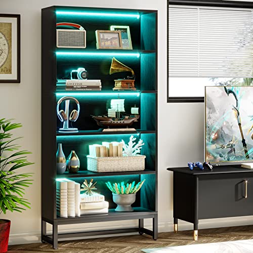 Tall Bookcase with LED Lights, 5-Tier Storage Shelves T8450
