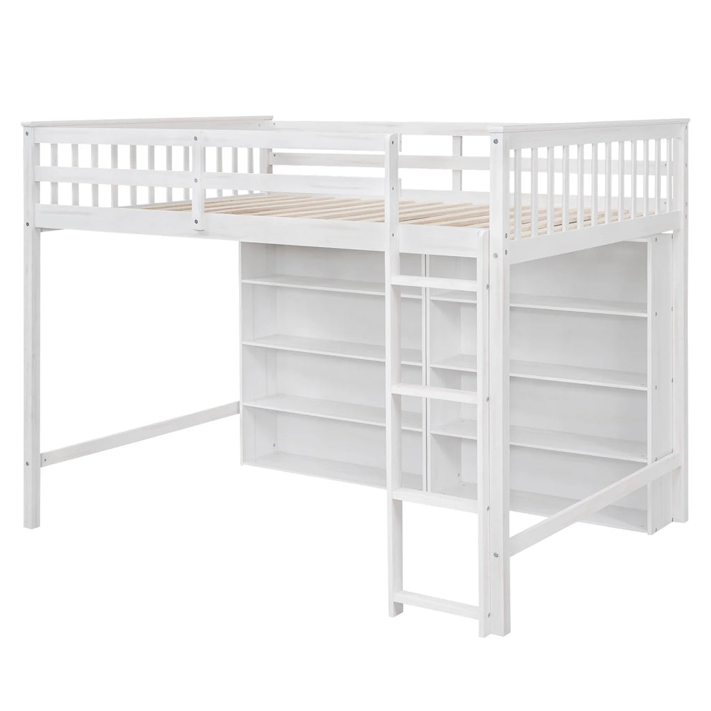 Wood Full Size Loft Bed with 8 Open Storage Shelves and Built-in Bookcase, White U209714