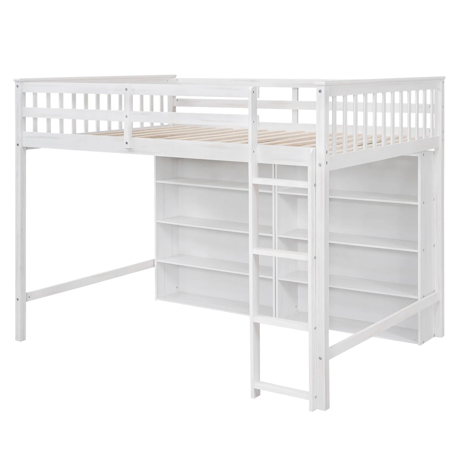 Wood Full Size Loft Bed with 8 Open Storage Shelves and Built-in Bookcase, White U209714