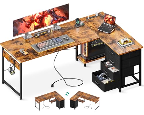 L Shaped Desk with 4 Tier Drawers, Power Outlets & USB, Corner Computer Desk with CPU Stand U4256