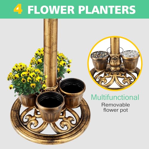 Bird Bath for Outside with Removable Flower Planters, 28in Polyresin, Yard Garden Decor Y2766
