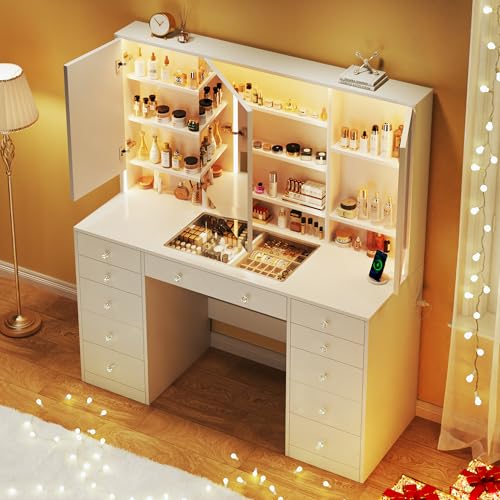 Vanity Desk with Mirror and Lights, 50" Makeup Vanity with Glass Top & Power Outlet F52929