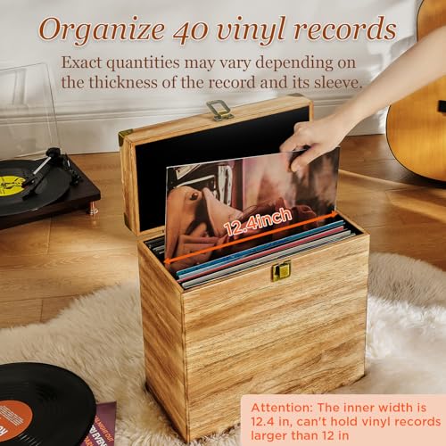 Vinyl Record Storage Box, Wooden LP Case, Holds 40 Records A496196