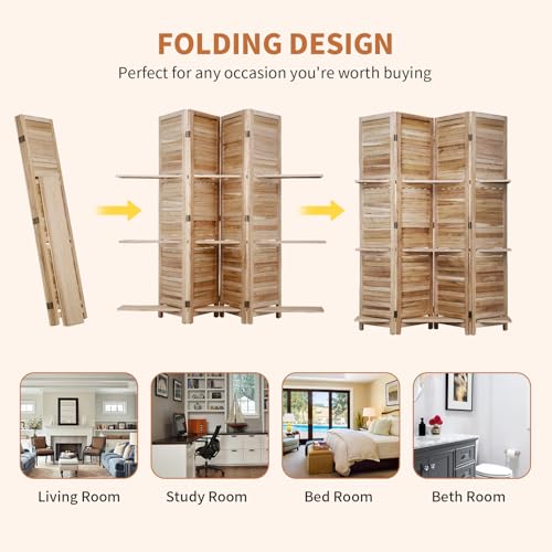 Room Divider 4 Panel Folding Wood 5.6 Ft Tall Privacy Screen with Three Shelves Y8638