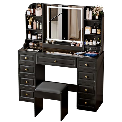 Makeup Vanity Desk with Mirror and Lights, Glass Top, 9 Drawers M5813