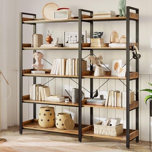 Corner Bookshelf 5-Tier with Hooks, Industrial Wooden Bookcase, Rustic Brown A796