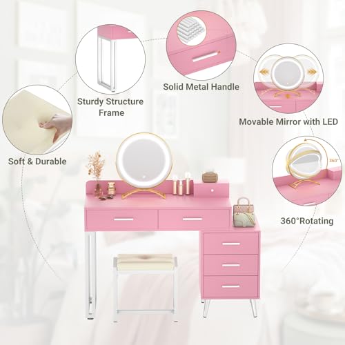 White Vanity Desk with Mirror and Lights, 6 Drawers and Stool Z334
