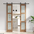 Double 18 x 84 inch Glass Barn Door with Hardware Kit & Handle Included, 3-Panel Frosted Glass, Need Assembly S404