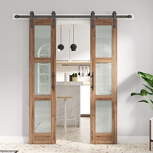 Double 18 x 84 inch Glass Barn Door with Hardware Kit & Handle Included, 3-Panel Frosted Glass, Need Assembly S404