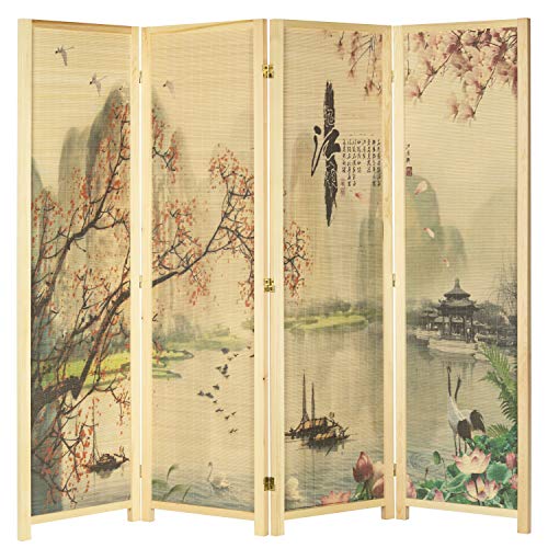 4-Panel Folding Bamboo Room Divider with Cherry Blossom Scene B61114