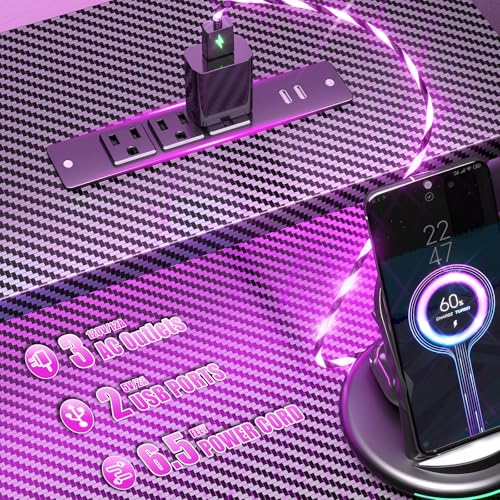 47 Inch Computer Gaming Desk with Power Outlets LED Lights and Storage Drawers I77165