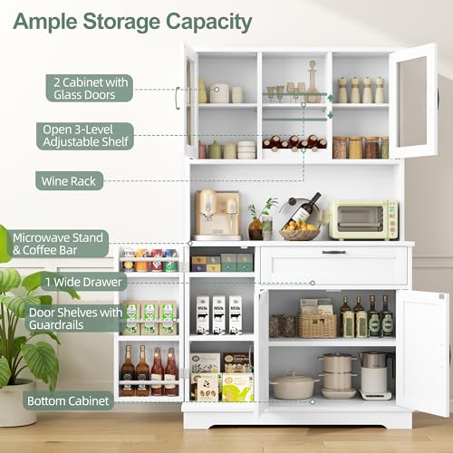 Freestanding Kitchen Pantry Cabinet with Microwave Stand, 4 Doors, Adjustable Shelves and Wine Rack C21265