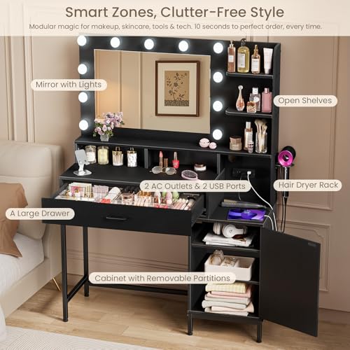 White Vanity Desk with Mirror and Lights and Storage Drawer M5848