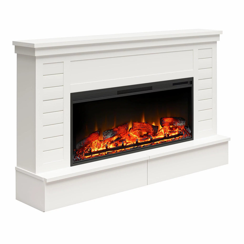 White Shiplap Mantel with Electric Fireplace and Storage Drawers J37651