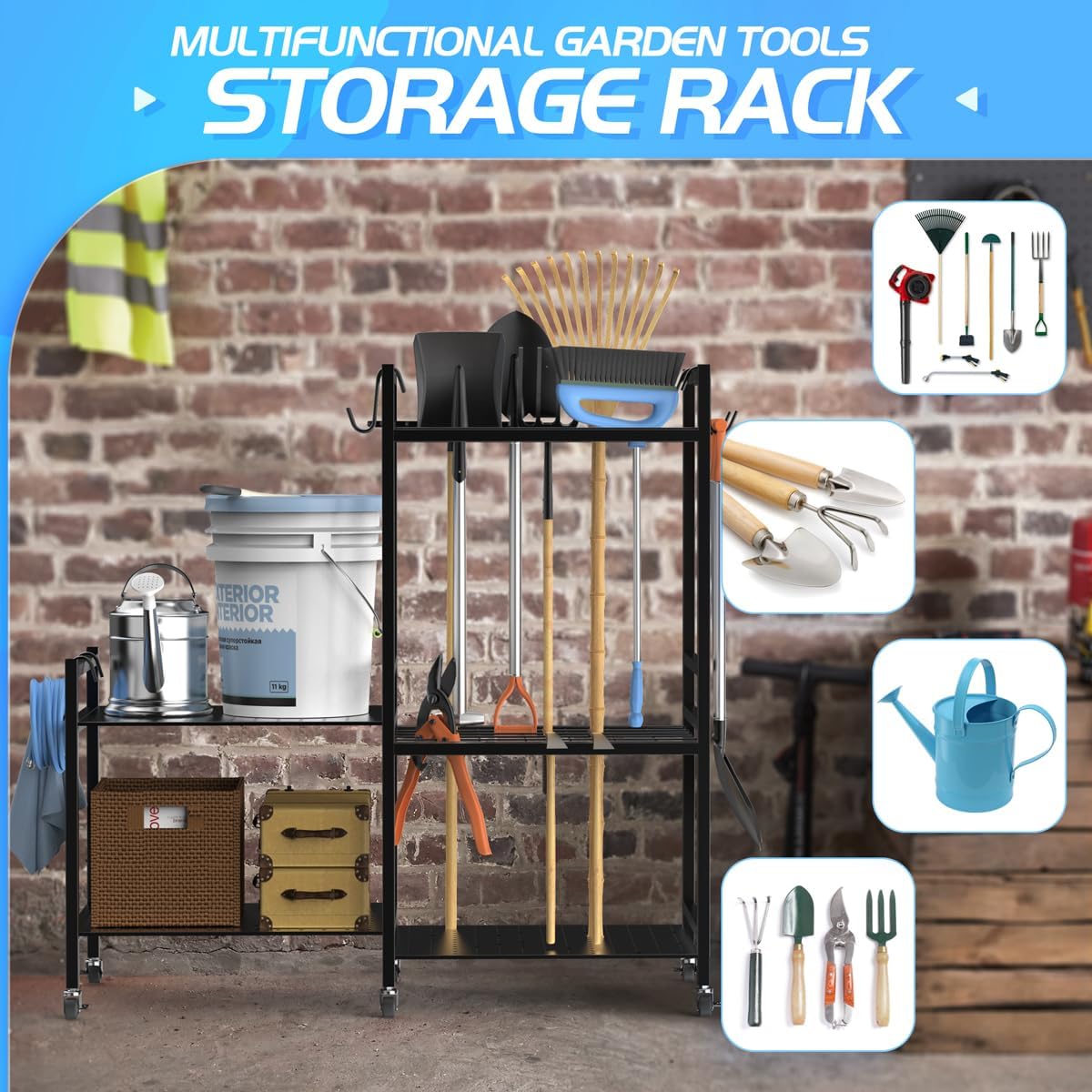 Garden Tool Organizer with 6 Hooks and 2-Tier Metal Shelves C62460