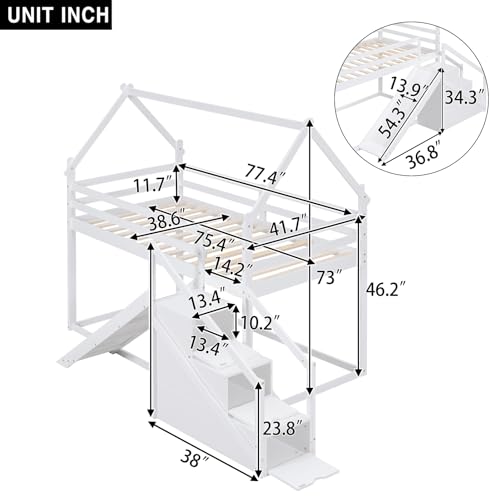 Wood House Loft Bed Frame with Slide and Storage Shelves Z806