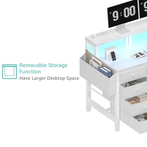 Gaming Desk with LED Lights and Power Outlets, 47 Inch Computer Desk with Fabric Drawers U2584