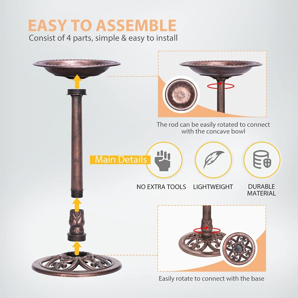 Polyresin Bird Bath with Metal Stake, 29 Inch Outdoor Freestanding Birdfeeder F405