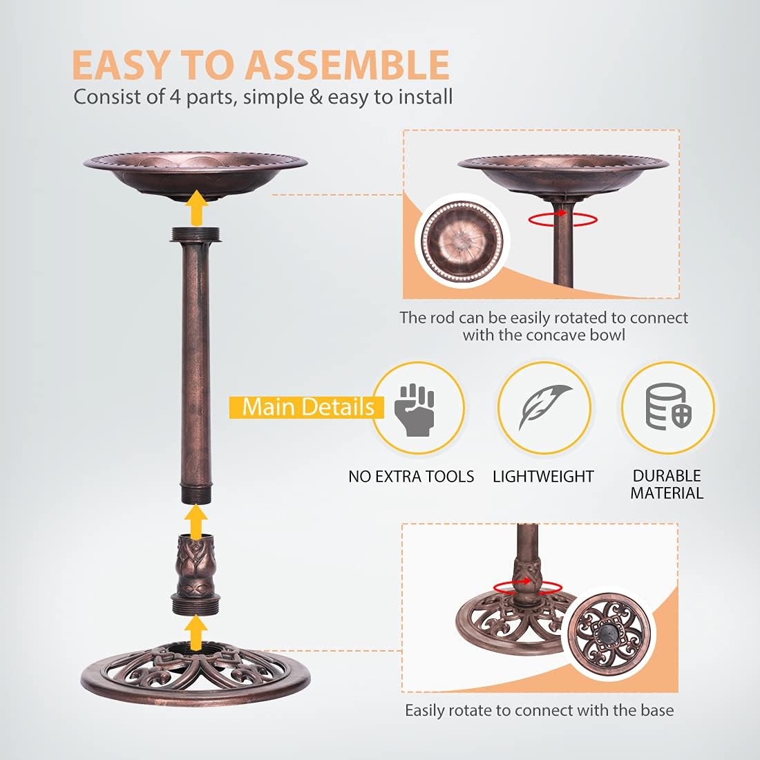 Polyresin Bird Bath with Metal Stake, 29 Inch Outdoor Freestanding Birdfeeder F405