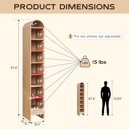 Arched Bookshelf, 7-Tier Bookcase with Adjustable Shelves A456