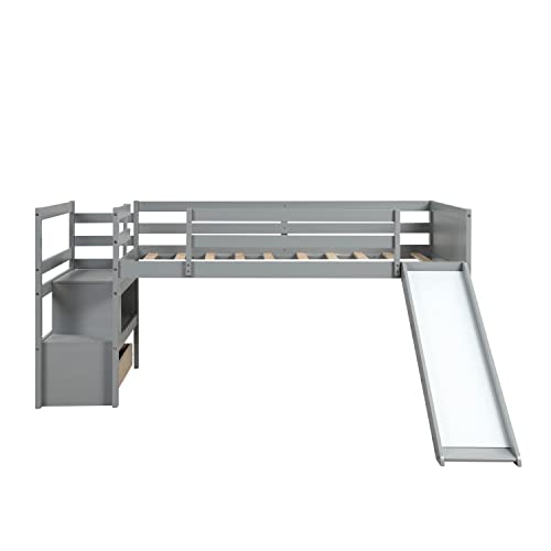 Wood House Loft Bed Frame with Slide and Storage Shelves Z806