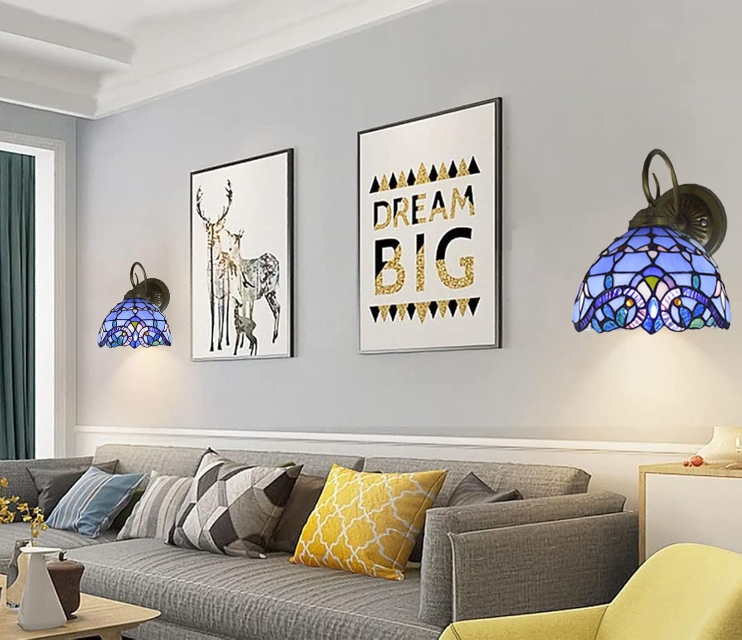 Wall Lamp Sconce Set of Two, Hand-Made Baroque Stained Glass Shade LED, Blue R89277