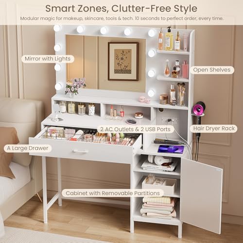 White Vanity Desk with Mirror and Lights and Storage Drawer M5848