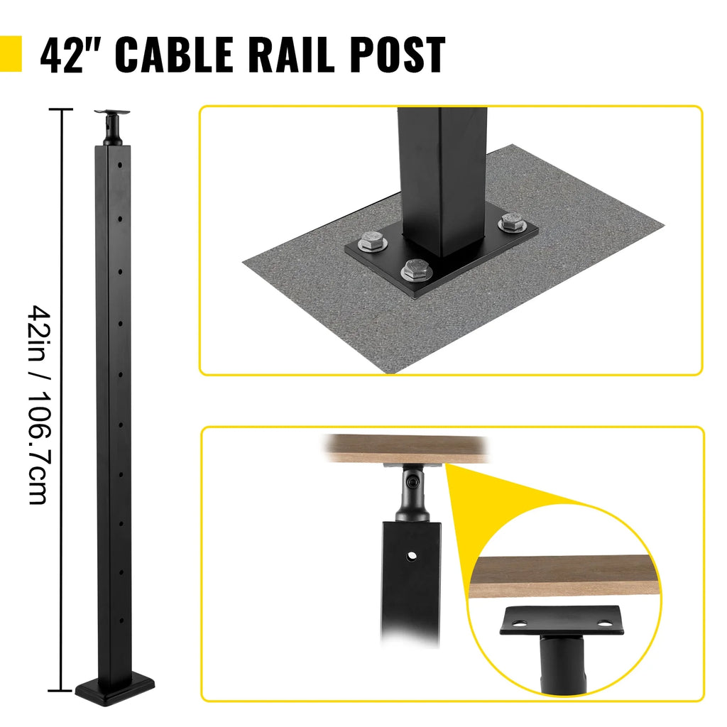 Cable Railing Post Level Deck Stair Post 42 x 1.97 x 1.97" Handrail Post Stainless Steel Brushed Finishing Pre-Drilled with Mounting Bracket Black G552172
