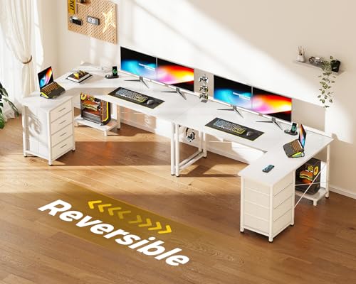 L Shaped Desk with 4 Tier Drawers, Power Outlets & USB, Corner Computer Desk with CPU Stand U4256