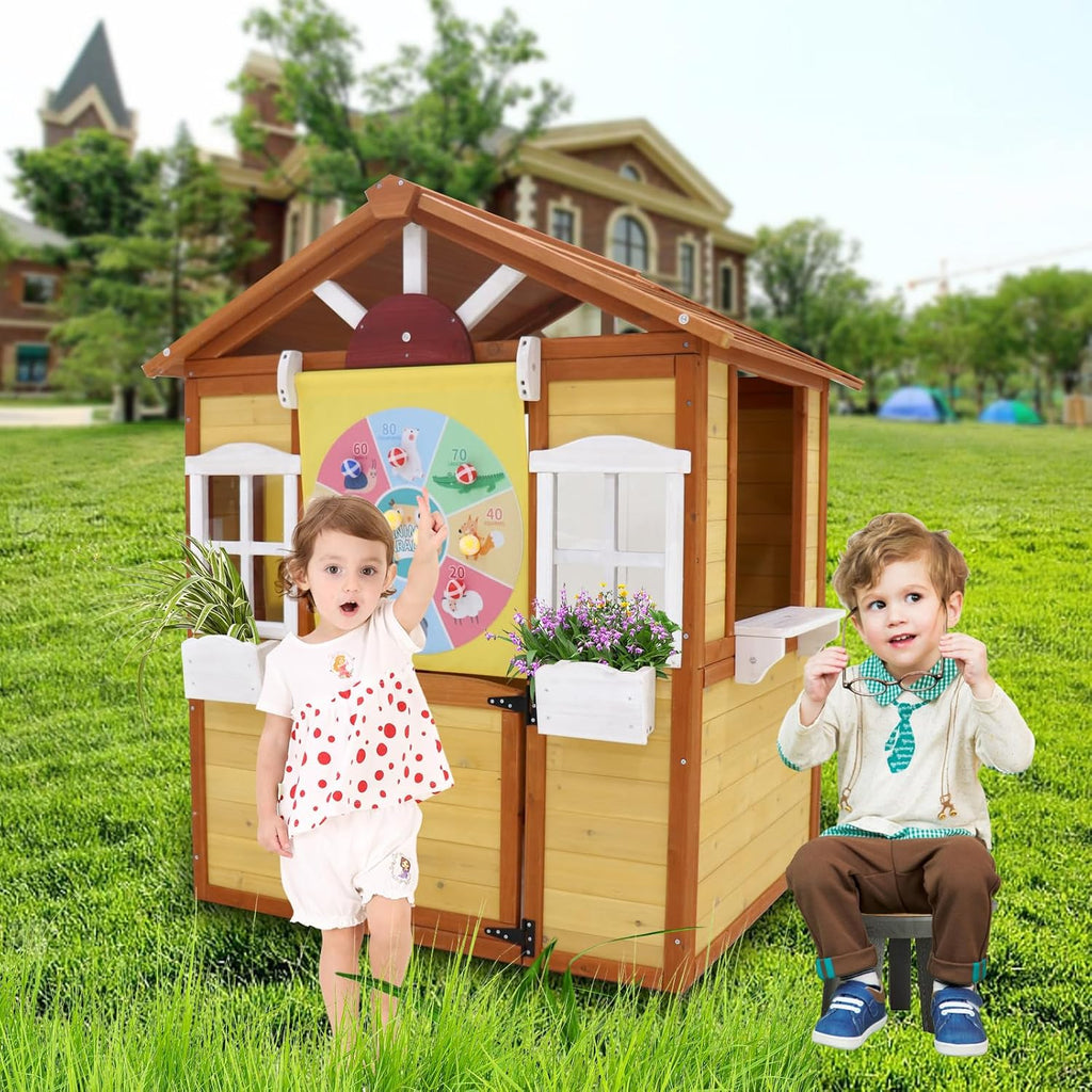 Outdoor Wooden Playhouse for Kids with Working Door and Windows Z130