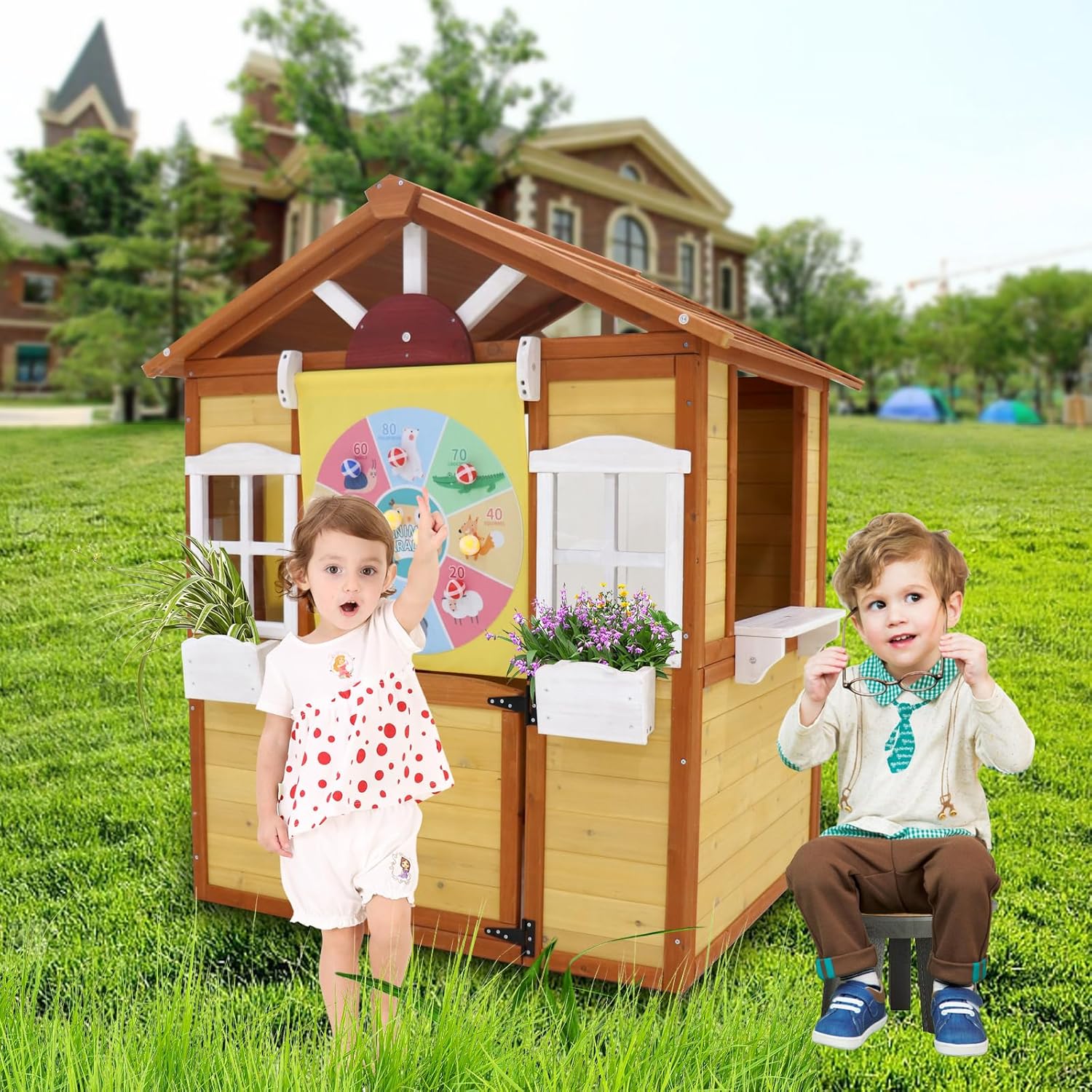 Outdoor Wooden Playhouse for Kids with Working Door and Windows Z130
