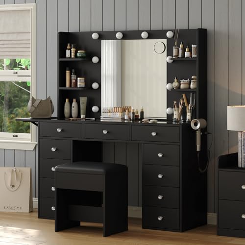 Makeup Vanity Desk with Lighted Mirror and Power Outlet F65931