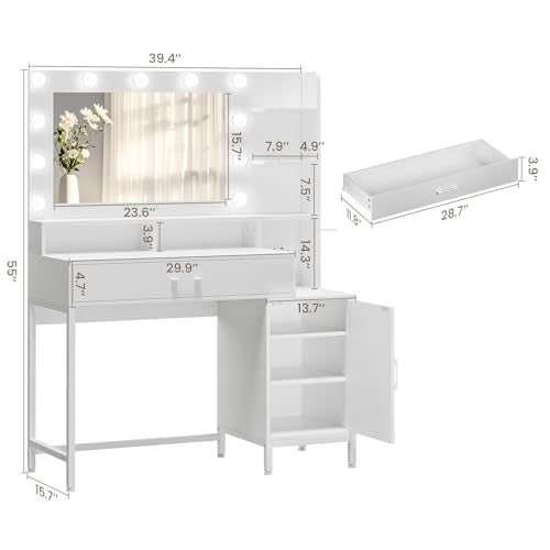White Vanity Desk with Mirror and Lights and Storage Drawer M5848