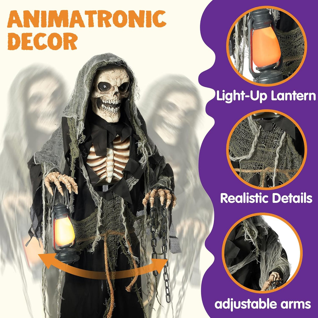 Halloween Animatronics Standing Grim Reaper Decoration with Light-Up Eyes and Moving Arms K979928