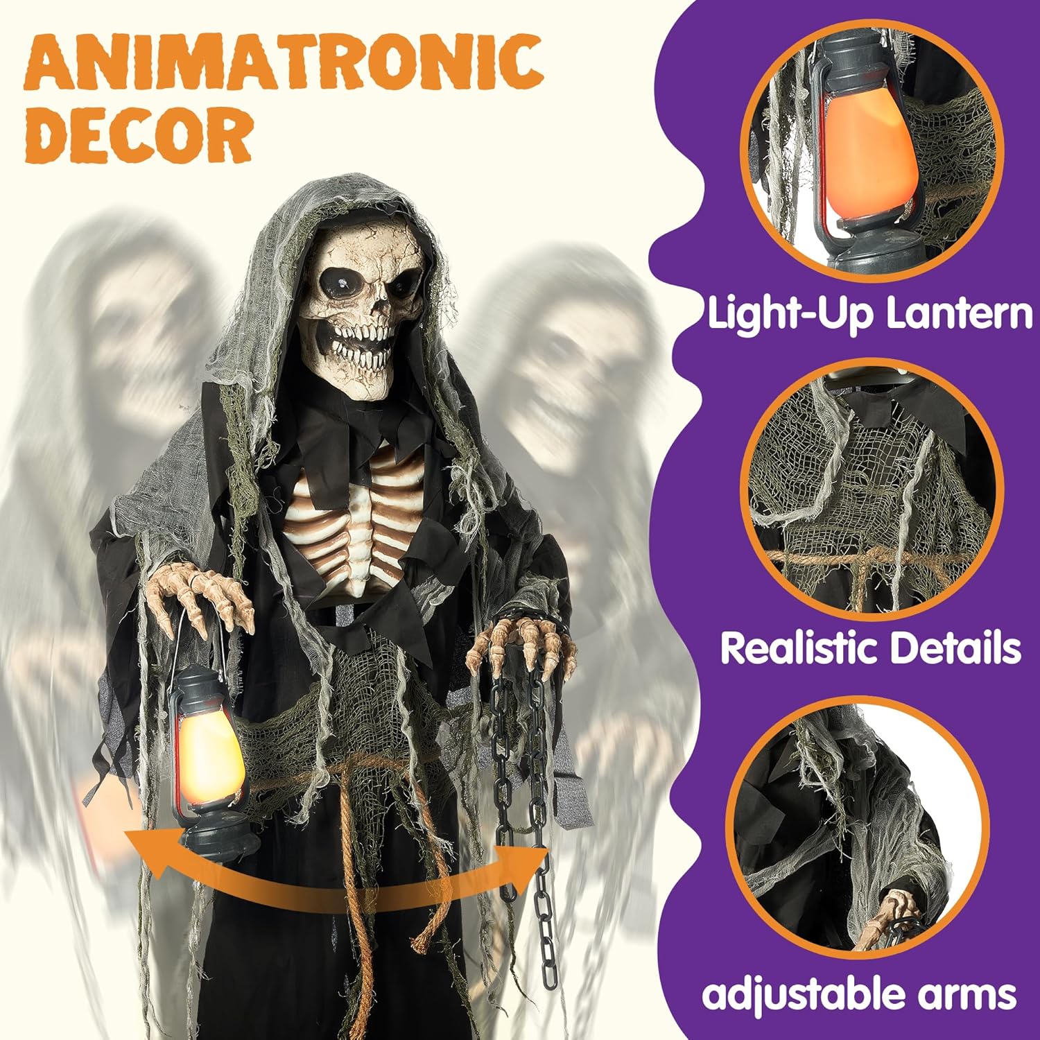 Halloween Animatronics Standing Grim Reaper Decoration with Light-Up Eyes and Moving Arms K979928