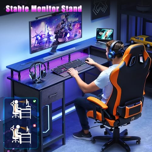 47 Inch Computer Gaming Desk with Power Outlets LED Lights and Storage Drawers I77165