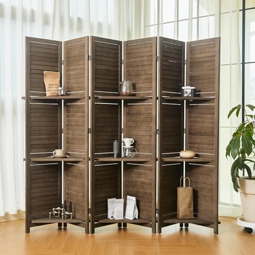 Folding Room Divider with Shelves, 6 Panels, Brown D785582