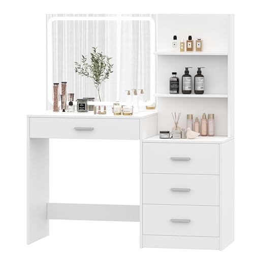 Makeup Vanity with 3-Color Dimmable Lighted Mirror, Side Storage Shelf & 4 Drawers E6505
