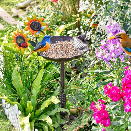 Heavy Duty Cast Iron Tall Bird Bath for Garden, Shell-Shape Metal Bird Feeder Fountain Bowl, Outdoor Yard Deck Standing Birdbath Y473075